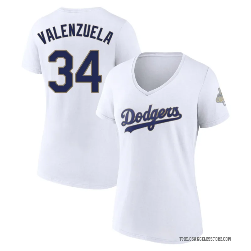 Fernando Valenzuela Women's Gold Los Angeles Dodgers White 2026 Collection V-Neck T-Shirt
