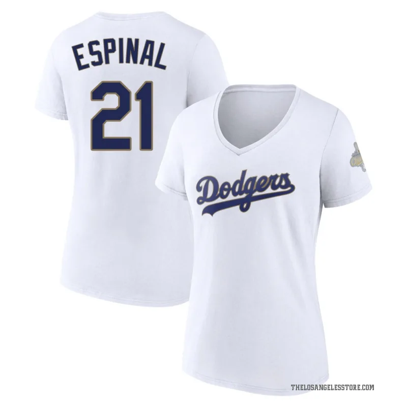 Santiago Espinal Women's Gold Los Angeles Dodgers White 2026 Collection V-Neck T-Shirt